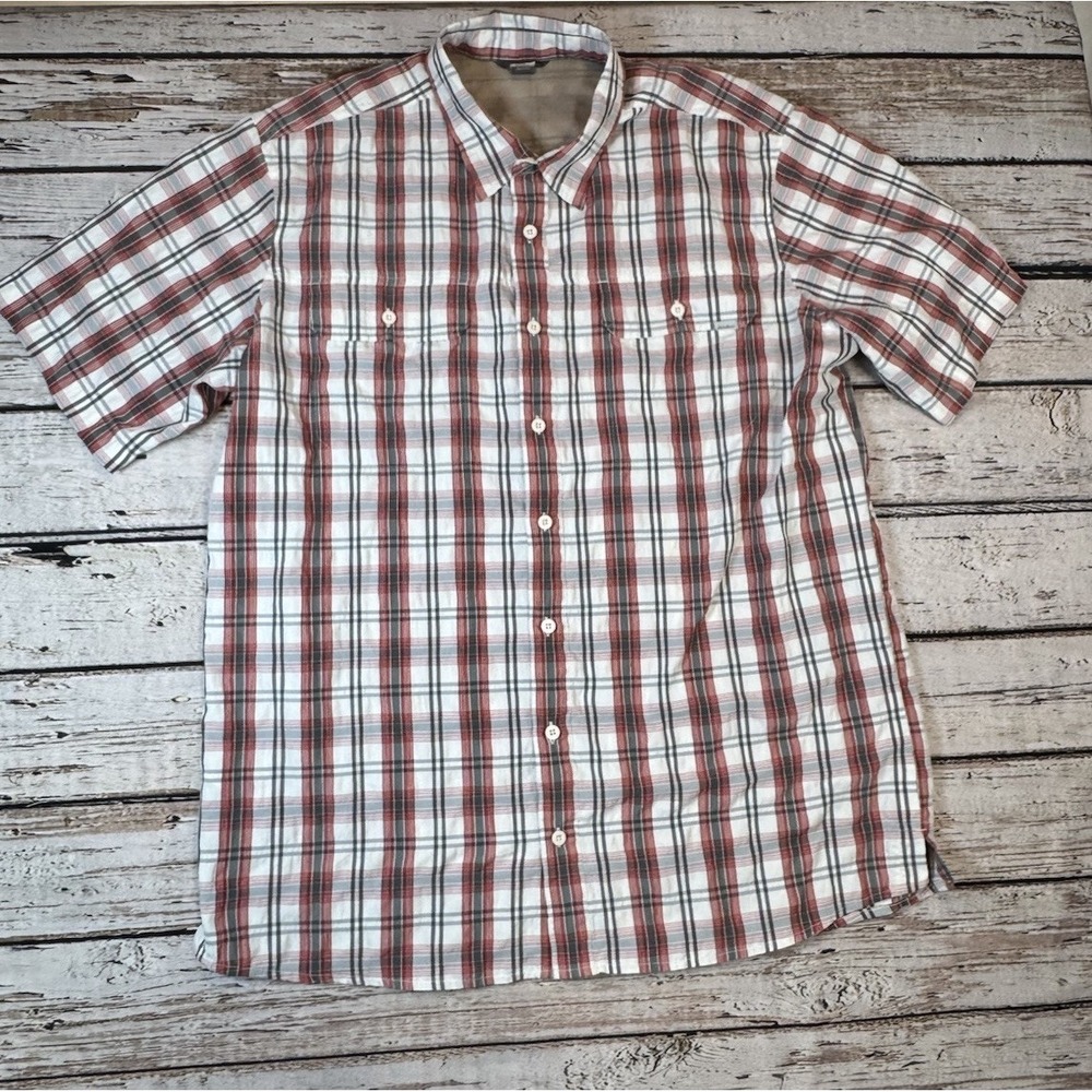 Eddie Bauer Shirt Men XL Tall XLT Red Plaid Travex Button Short Sleeve Outdoor